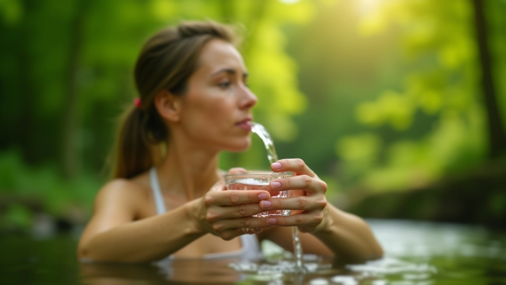 Žmogus geria sveikatingą mineralinį vandenį iš šaltinio, aplinkui žalia gamta, saulės šviesa