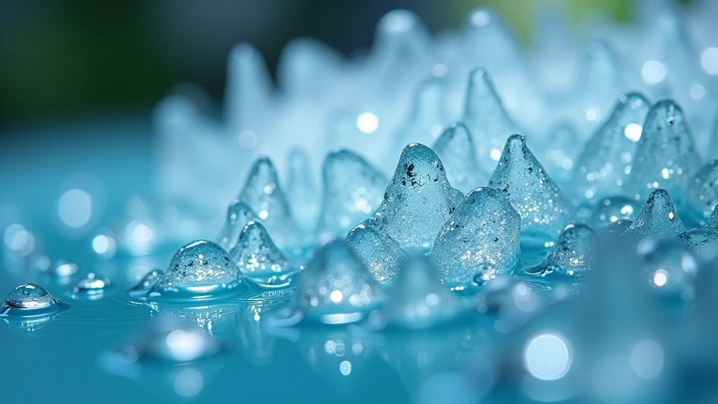 Šaltinio vanduo su mineralais, makrofotografija, šviesūs kristalai vandenyje